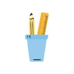 Sticker - pencil and ruler inside mug line and fill style icon vector design