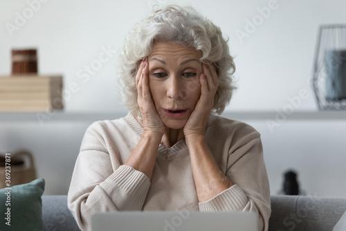 Grandmother sit on sofa use pc grab her head felt shock what she saw on internet terrified of modern content, not understand tech, moment of auction online bet win feels unbelievable and dazed concept