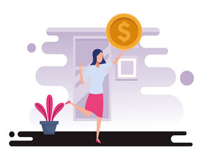 Sticker - young business woman lifting coin money dollar avatar character