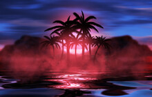 Empty Tropical Background Of Night Sea Beach. Silhouettes Of Tropical Palm Trees On A Background Of Bright Sunset. 3d Illustration