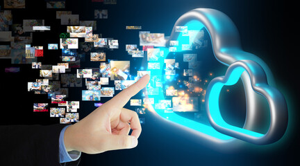 Wall Mural - Businessman transfer data to cloud storage. Cloud computing technology concept, 3d rendering