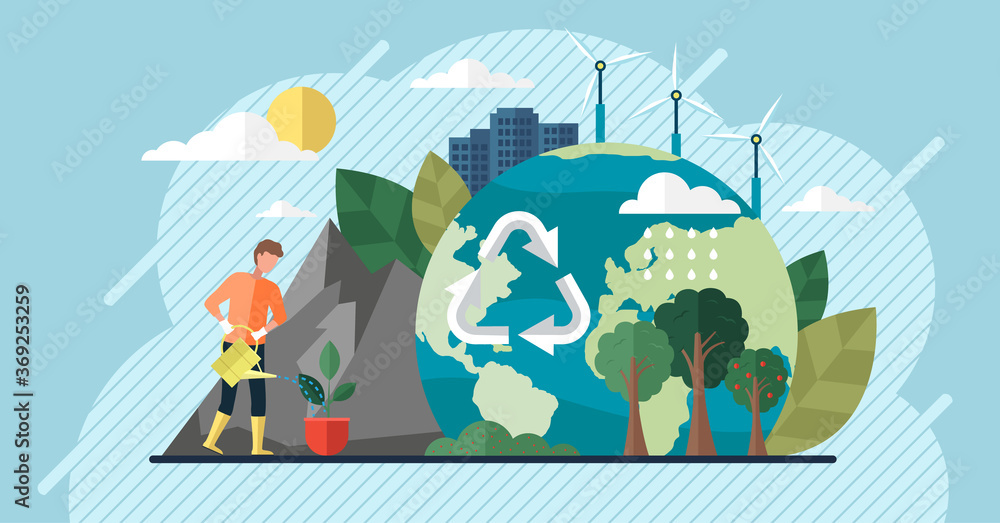 Change climate concept. Vector of climate change and saving the planet, World Environment Day, bio technology, a city on planet. Recycling waste, growing plants and choosing renewable resources - obrazy, fototapety, plakaty 