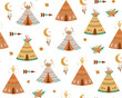 Kids teepee pattern. Adventure baby wigwam pattern. Cute boho background with tent, arrows, teepee wig wam, moon.