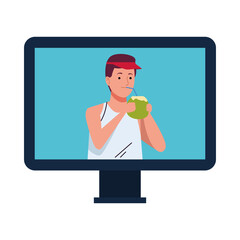 Poster - man wearing beach suit drinking coconut cocktail in desktop character