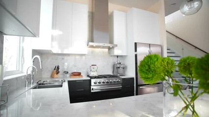 White modern kitchen in a house with a beautiful design