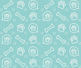 Vector linear seamless pattern, hand drawn icons, doodle design. Bone and paw symbols. Concept for pet shops or veterinary clinics, isolated on blue background