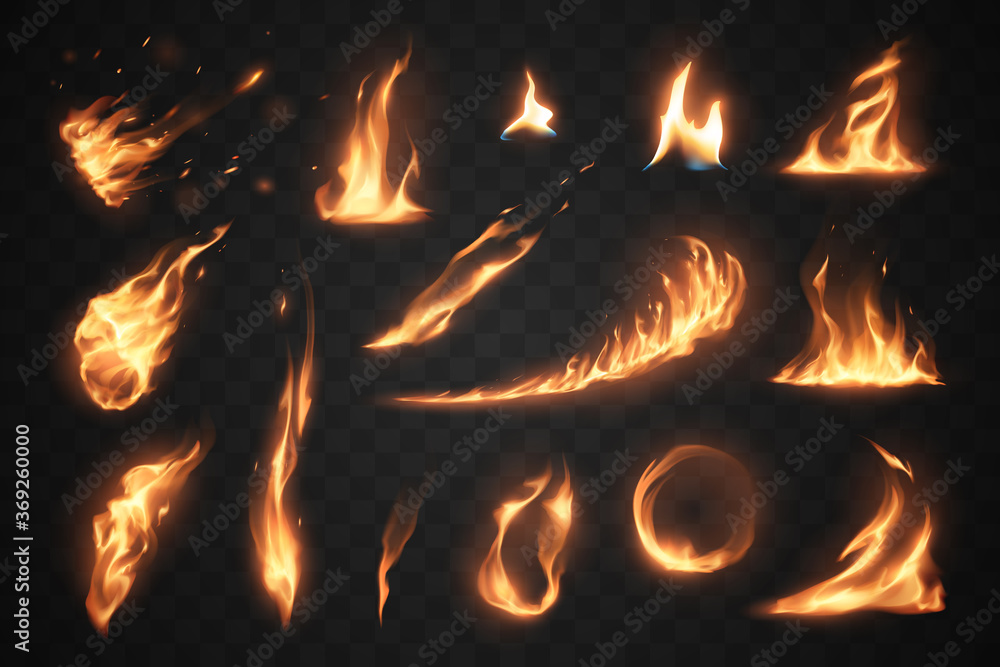 Set of fire flames elements on transparent background - obrazy, fototapety, plakaty 