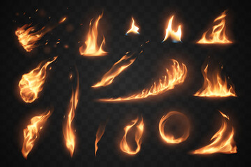 set of fire flames elements on transparent background