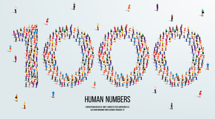 Wall Mural - large group of people form to create number 1000 or one thousand. people font or number. vector illustration of number 1000.