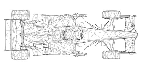 Wireframe racing car from black lines on a white background. View from above. 3D. Vector illustration