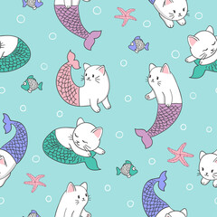 Wall Mural - Seamless cartoon cat mermaid pattern. Vector sea background for kids.