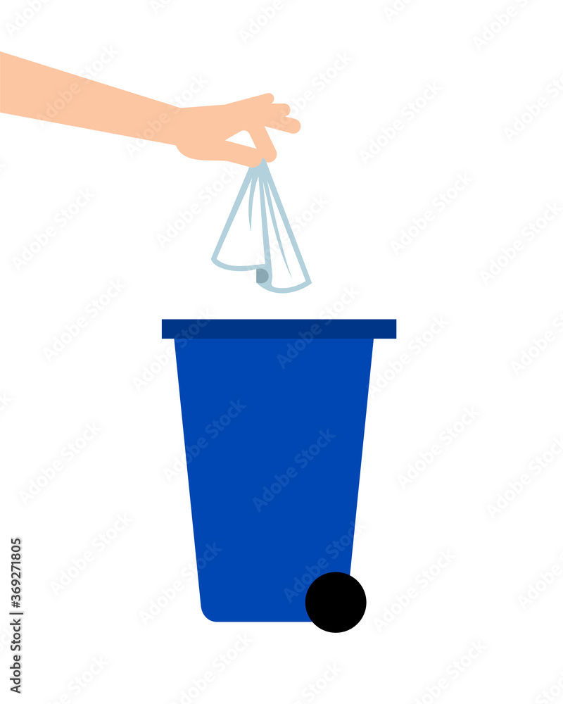Hand throwing away tissue into a trash bin. Coronavirus prevention. Biohazard waste. Single use paper towels or napkins. COVID-19 safety measures. Personal hygiene. Vector illustration, flat, clip art - obrazy, fototapety, plakaty 