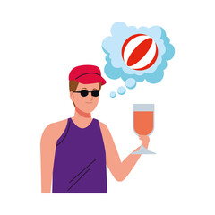 Poster - man wearing beach suit drinking cocktail thinking in balloon