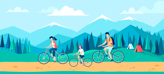 Happy family riding bicycles during summer vacation