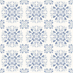 Wall Mural - Decorative ornament in white and blue shades. Folk patterns with floral ornaments