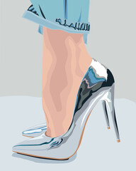 Silver shoes fashion illustration. Luxury style.