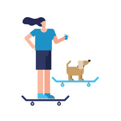 Canvas Print - young woman and dog in skateboards practicing activity character