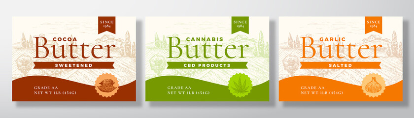 Wall Mural - Cocoa, Cannabis and Garlic Butter Dairy Labels Collection. Abstract Vector Packaging Design Layouts Set. Modern Typography Banners with Hand Drawn Rural Landscape Background.