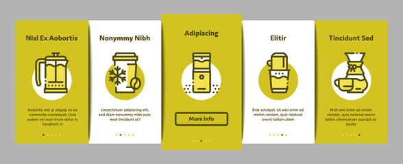 Sticker - Coffee Energy Drink Onboarding Mobile App Page Screen Vector. Coffee Beans And Package, Grinder And Machine For Make Beverage, Cup And Pot Illustrations