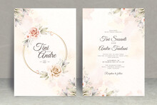 Wedding Invitation Card Set Template With Flowers And Leaves Watercolor