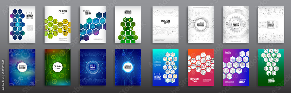 Abstract technology cover with hexagon elements. Set of High tech brochure design concept. Futuristic business layout. Digital poster templates. - obrazy, fototapety, plakaty 