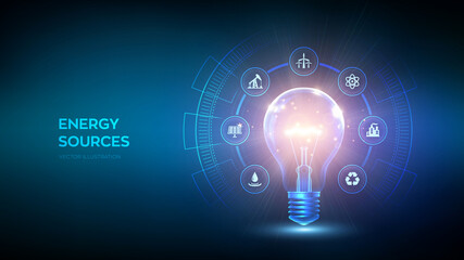 glowing light bulb with energy resources icon. electricity and energy saving concept. energy sources