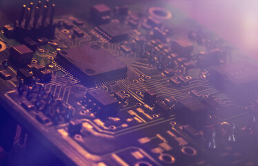 kind over lilac neon abstract tech computer background. printed circuit board (pcb) and electronic c