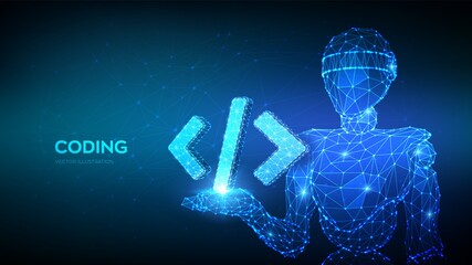 Wall Mural - programming code icon. abstract 3d robot holding programming code symbol in hand. coding or hacker b