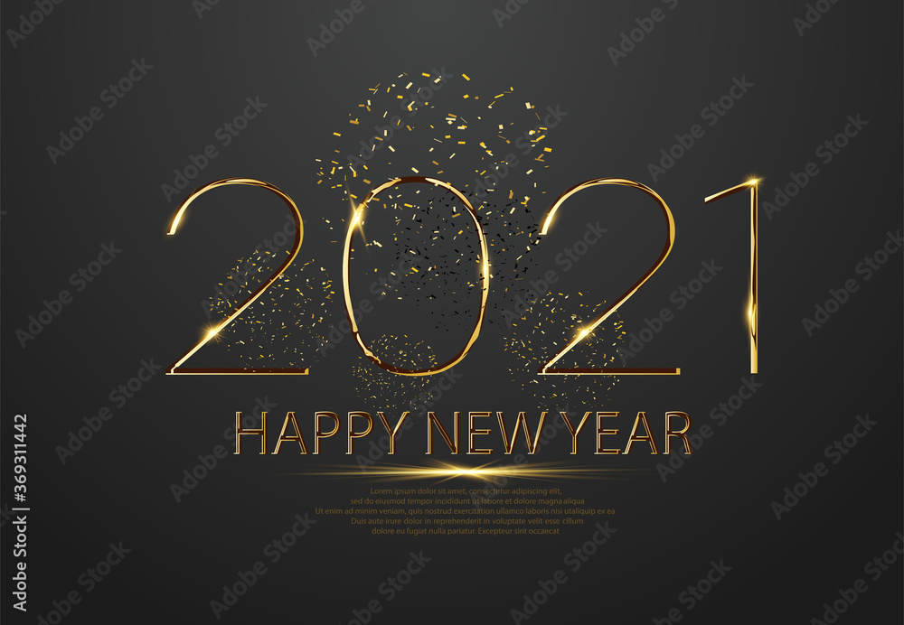 Happy new 2021 year. Elegant gold text with light. Party poster, banner or invitation gold glittering stars confetti glitter decoration. Liquid numbers 2021 are isolated on a grey background. Vector - obrazy, fototapety, plakaty 