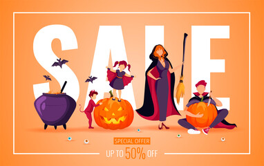 Wall Mural - Halloween promo sale banner with happy family dressed in costumes. Witch with broom, man in cloak, imp. bats, scary pumpkins, cauldron. Vector illustration for poster, banner, discount, special offer.