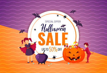 Wall Mural - Halloween promo sale banner with children dressed in costumes of imp and bat, scary pumpkin with candies, cauldron. Vector illustration for poster, banner, discount, special offer, commercial.