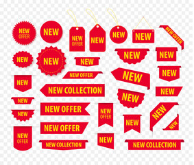 Wall Mural - New offer red tags set, price tags and banners. Bookmarks and badge templates. Product stickers with offer. Promotional corner located element. 