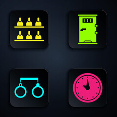 Sticker - Set Clock, Jurors, Handcuffs and Prison cell door. Black square button. Vector.