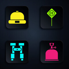 Sticker - Set Camping gas stove, Beanie hat, Binoculars and Parking. Black square button. Vector.