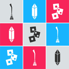 Poster - Set Witches broom, Magic stone and Game dice icon. Vector.