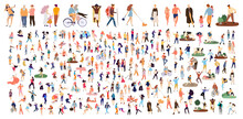 Crowd Of Flat Illustrated People. Dancing, Surfing, Traveling, Walking, Working, Playing People Set. Vector Big Set