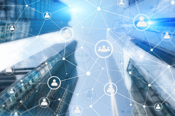 Wall Mural - smart city and social media people icons communication network on modern city background.