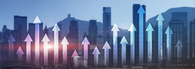 Wall Mural - financial growth arrow chart city view website panoramic header banner. investment, stock trading, e