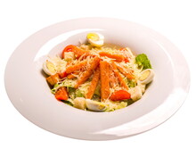 Caesar Salad With Grilled Salmon, Isolated Image On A White Background.