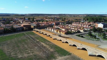 Wall Mural - Bridge in Hospital de Orbigo,Leon, Spain. Aerial Drone Footage. Camino de Santiago