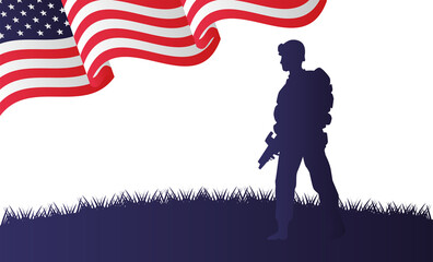 Wall Mural - soldier with rifle figure silhouette in usa flag background