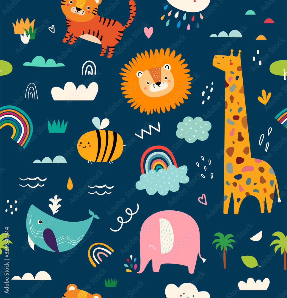 Baby animals seamless pattern. Vector illustration with cute animals. Nursery baby pattern - obrazy, fototapety, plakaty 