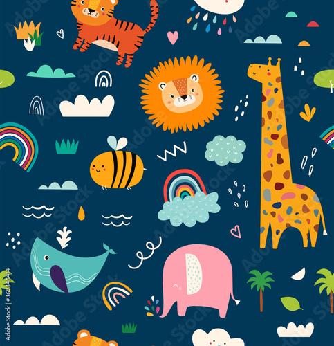Obraz na płótnie Baby animals seamless pattern. Vector illustration with cute animals. Nursery baby pattern