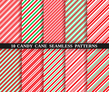 Candy Cane Stripe Seamless Pattern. Vector. Christmas Candycane Background Red And Green. Wrapping Paper. Set Of Ten Holiday Textures. Peppermint Caramel Diagonal Print. Classic Winter Illustration.