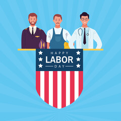 Wall Mural - happy labor day celebration with workers and shield flag