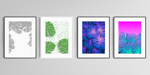 Realistic vector set of picture frames in A4 format isolated on gray background. Tropical palm leaves, shadow of tropical jungle leaves. Floral pattern backgrounds.