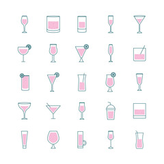 Wall Mural - Cocktails glasses cups line and fill style symbols set design, Alcohol drink bar and beverage theme Vector illustration