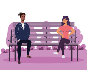 Poster - interracial young couple lovers in the park chair avatars characters