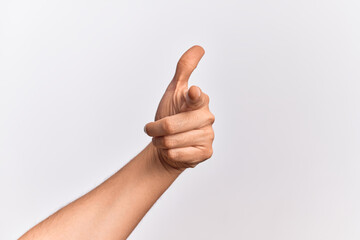 Hand of caucasian young man showing fingers over isolated white background pointing forefinger to the camera, choosing and indicating towards direction