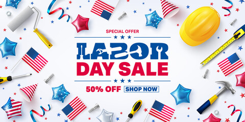 Wall Mural - USA Labor Day Sale poster template.USA labor day celebration with american party elements and work tools.Sale promotion advertising banner template for USA Labor Day Brochures,Poster or Banner